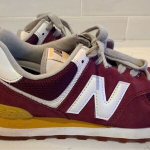 New Balance 574 Women’s Maroon, Gold and White Sneakers